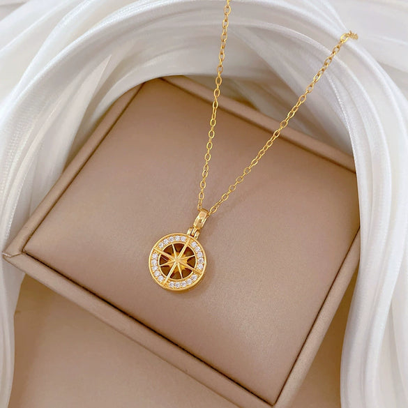 Necklace Stainless Steel Copper Geometric Round Star Flower Light Luxury Style Unisex