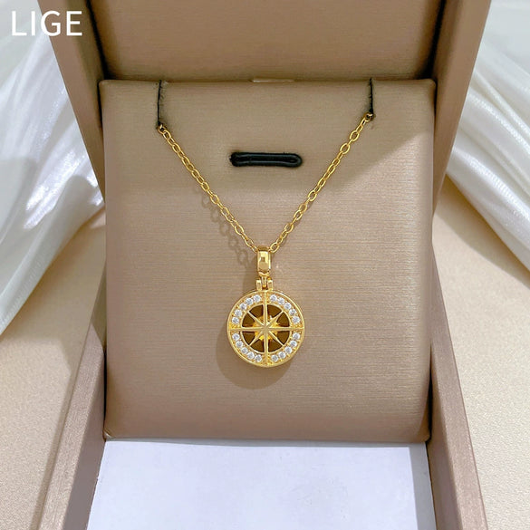 Necklace Stainless Steel Copper Geometric Round Star Flower Light Luxury Style Unisex