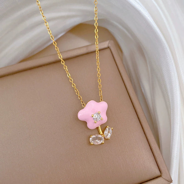 Necklace Stainless Steel Copper Geometric Style Drop Oil Flower Zircon Light Luxury Elegant Gorgeous Unisex