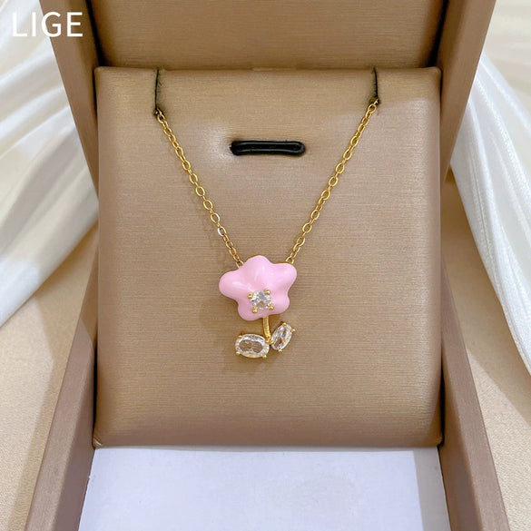 Necklace Stainless Steel Copper Geometric Style Drop Oil Flower Zircon Light Luxury Elegant Gorgeous Unisex