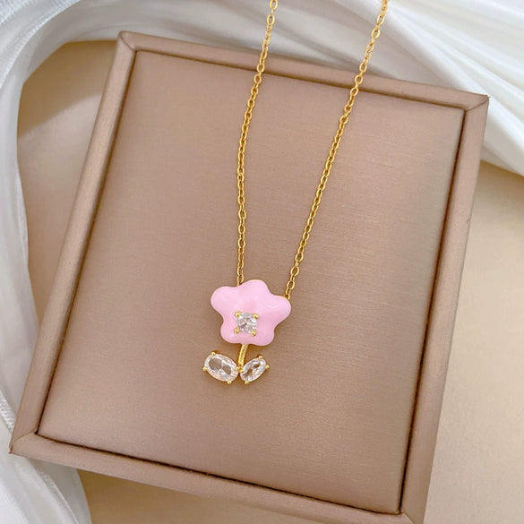 Necklace Stainless Steel Copper Geometric Style Drop Oil Flower Zircon Light Luxury Elegant Gorgeous Unisex