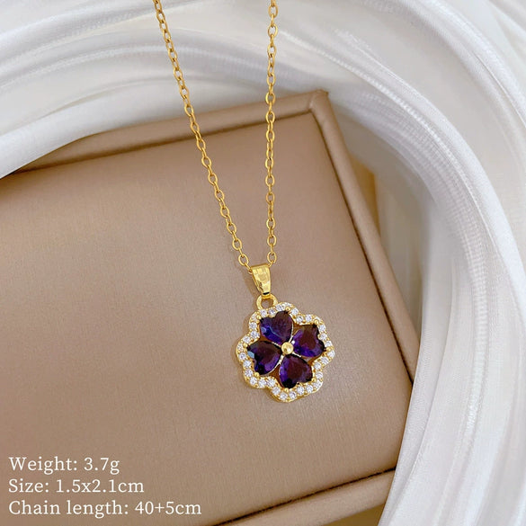 Necklace Stainless Steel Copper Geometric Style Hollow Clover Full Diamond Unisex