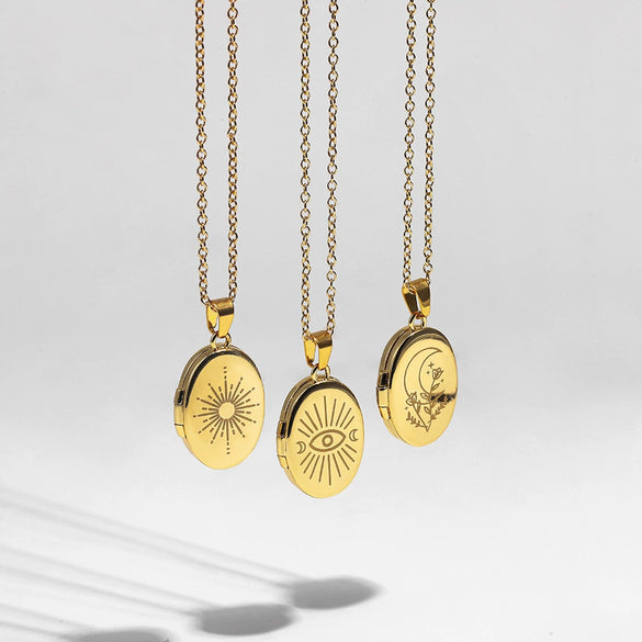 Necklace Stainless Steel Copper Gold Inlaid Oval Openable Photo Album Sun Moon Devil Eye Retro Chic Geometric