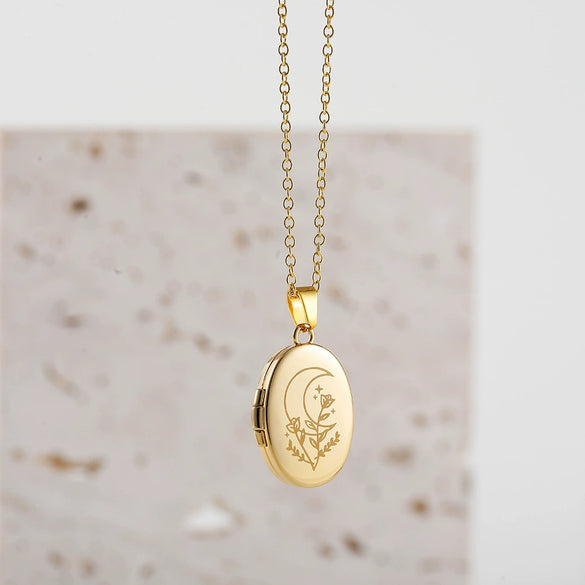 Necklace Stainless Steel Copper Gold Inlaid Oval Openable Photo Album Sun Moon Devil Eye Retro Chic Geometric