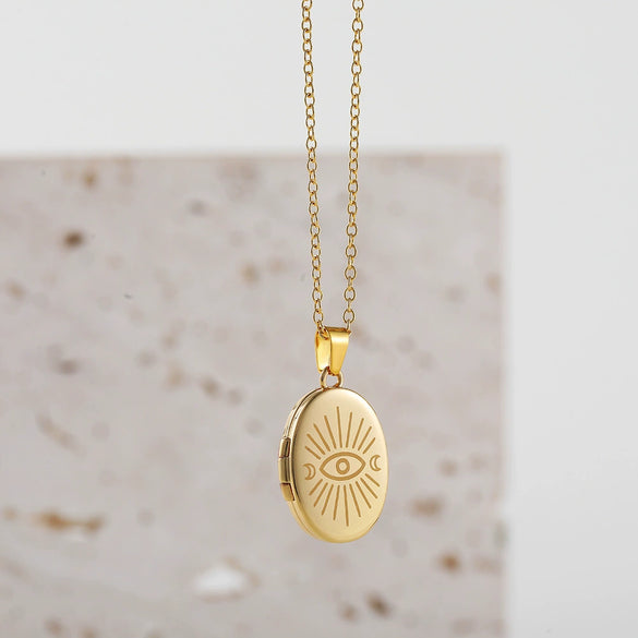 Necklace Stainless Steel Copper Gold Inlaid Oval Openable Photo Album Sun Moon Devil Eye Retro Chic Geometric