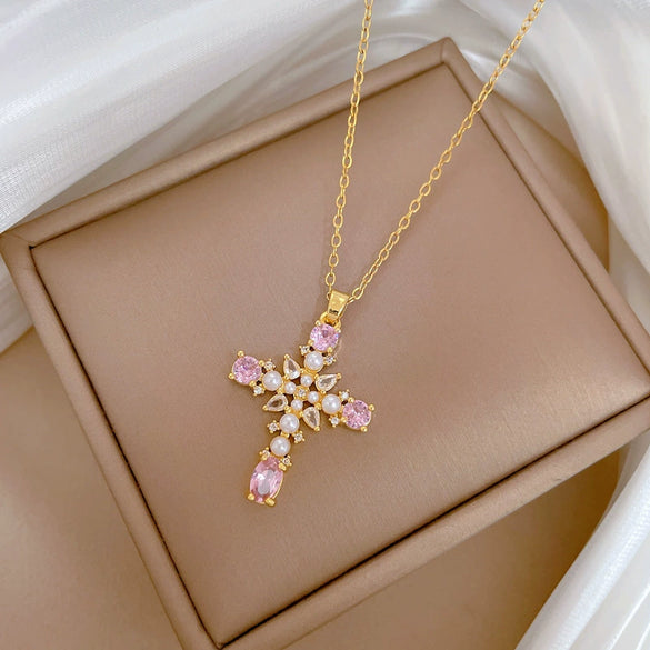 Necklace Stainless Steel Copper Pearl Cross Geometric Style