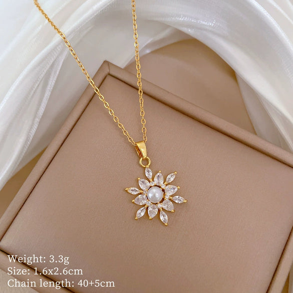 Necklace Stainless Steel Copper Pearl Flower Zircon Geometric Light Luxury Elegant Gorgeous Unisex