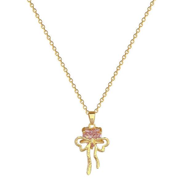 Necklace Stainless Steel Copper Pink Bow Geometric Full Diamond Light Luxury Elegant Gorgeous Unisex