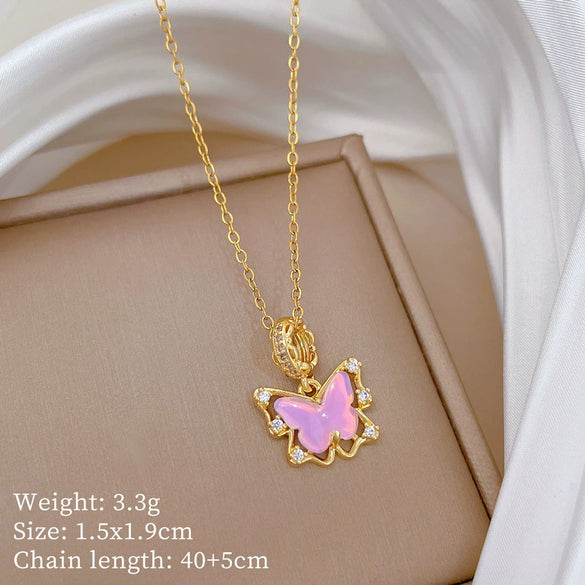 Necklace Stainless Steel Copper Pink Butterfly Zircon Geometric Cartoon Minimalist Light Luxury Elegant Gorgeous Unisex