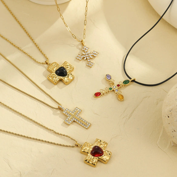 Necklace Stainless Steel Cross Diamond Electroplating Fashion Love Natural Stone Pendant