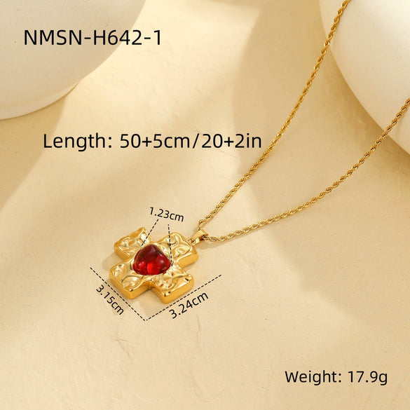 Necklace Stainless Steel Cross Diamond Electroplating Fashion Love Natural Stone Pendant