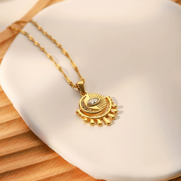 Necklace Stainless Steel French Retro Style With Geometric Pattern And Inlaid Zircon