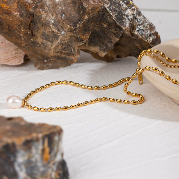 Necklace Stainless Steel Freshwater Pearl Geometric Titanium Steel Electroplating