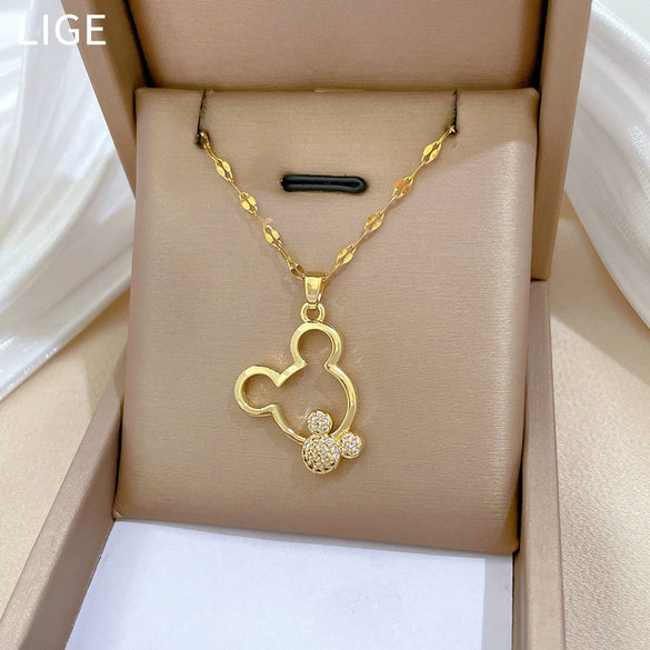 Necklace Stainless Steel Geometric Copper Mickey Hollow Full Diamond Light Luxury Elegant Gorgeous Unisex Allmatch Clavicle Chain