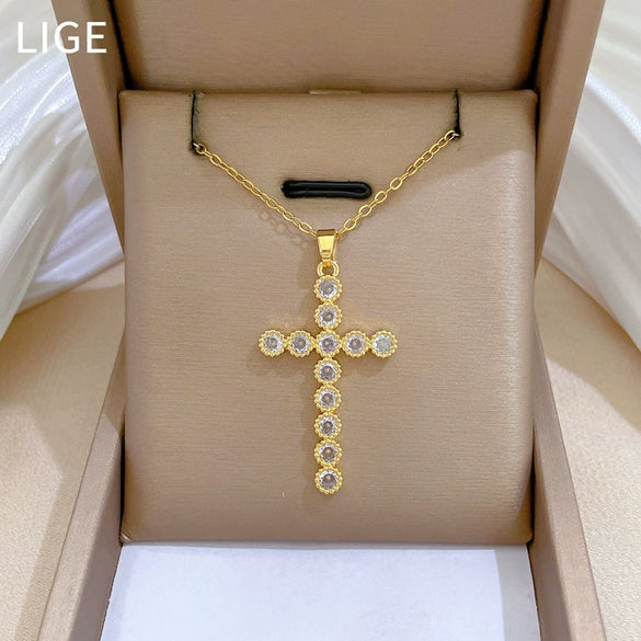 Necklace Stainless Steel Geometric Cross Full Diamond Light Luxury Elegant Gorgeous Unisex Allmatch Clavicle Chain