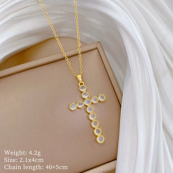 Necklace Stainless Steel Geometric Cross Full Diamond Light Luxury Elegant Gorgeous Unisex Allmatch Clavicle Chain