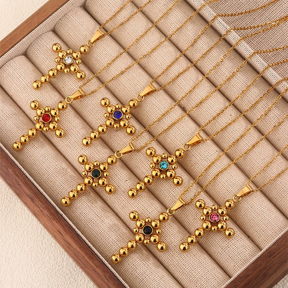 Necklace Stainless Steel Geometric Cross Rhinestones Electroplated O Chain Pendant