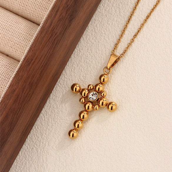 Necklace Stainless Steel Geometric Cross Rhinestones Electroplated O Chain Pendant