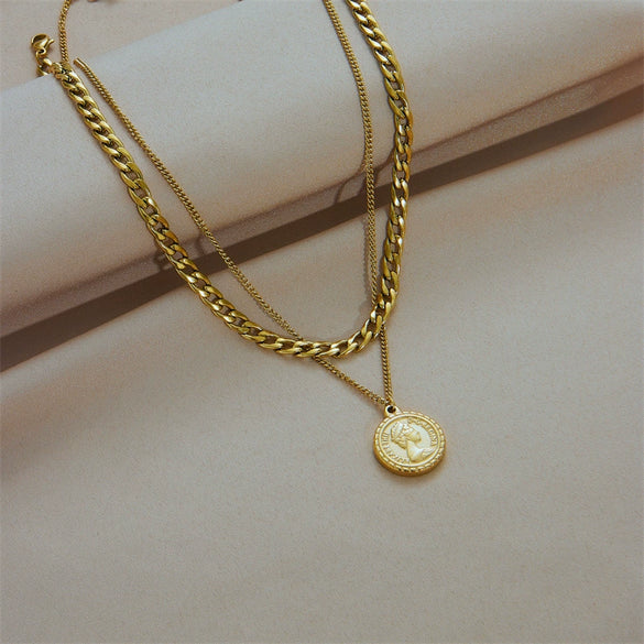 Necklace Stainless Steel Geometric Doublelayer Chain Round Pendant Electroplated