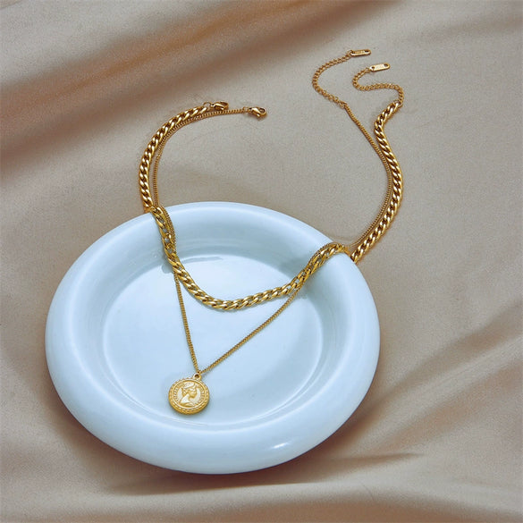 Necklace Stainless Steel Geometric Doublelayer Chain Round Pendant Electroplated
