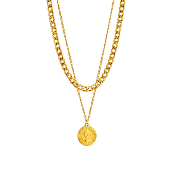 Necklace Stainless Steel Geometric Doublelayer Chain Round Pendant Electroplated
