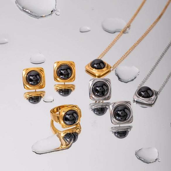 Necklace Stainless Steel Geometric Electroplating Black Onyx Pendant Women