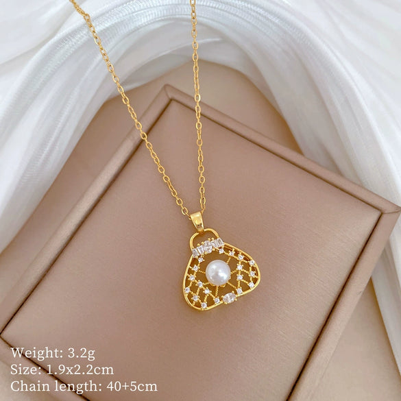 Necklace Stainless Steel Geometric Hollow Pearl Bag Light Luxury Elegant Gorgeous Unisex