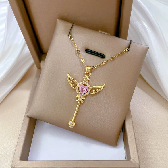 Necklace Stainless Steel Geometric Key Wings Full Diamond Unisex