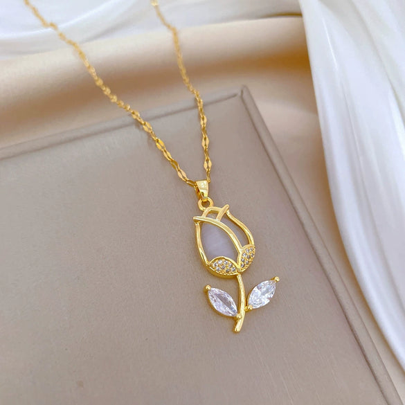Necklace Stainless Steel Geometric Leaf Tulip Pendant For Women