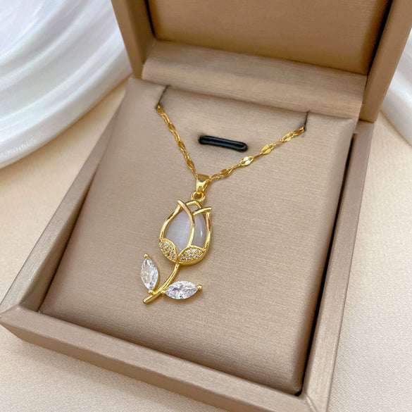 Necklace Stainless Steel Geometric Leaf Tulip Pendant For Women
