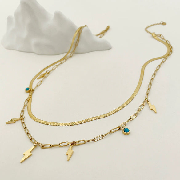 Necklace Stainless Steel Geometric Lightning Style Blue Pine Stone Pendant Blade Chain Electroplated