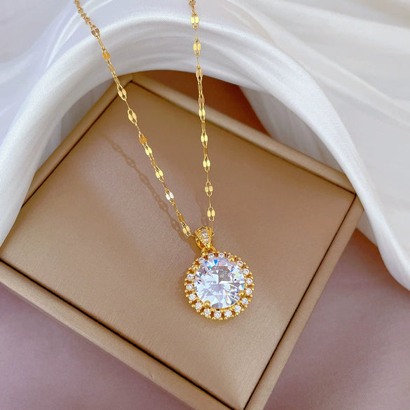 Necklace Stainless Steel Geometric Microinlaid Diamond Heavy Industry Large Round Women's Cartoon Style