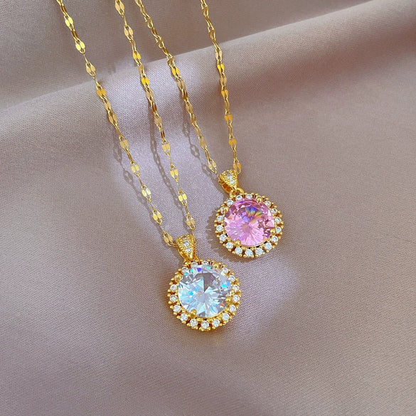 Necklace Stainless Steel Geometric Microinlaid Diamond Heavy Industry Large Round Women's Cartoon Style
