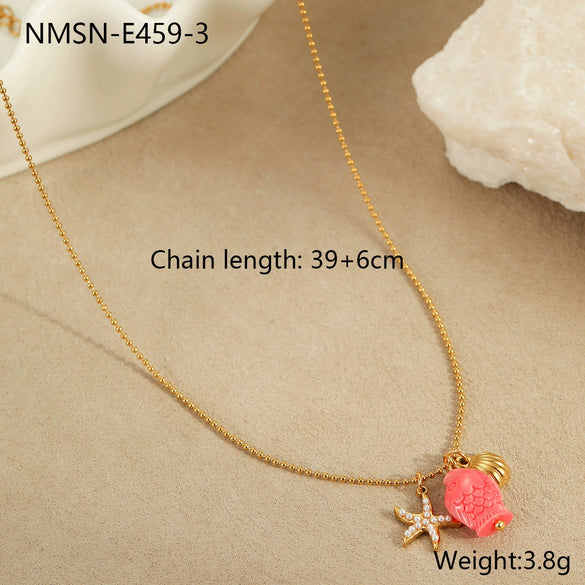 Necklace Stainless Steel Geometric Pattern Electroplating For Women Fashion Marine Style With Shell Starfish Pendant