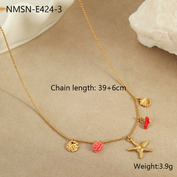 Necklace Stainless Steel Geometric Pattern Electroplating For Women Fashion Marine Style With Shell Starfish Pendant