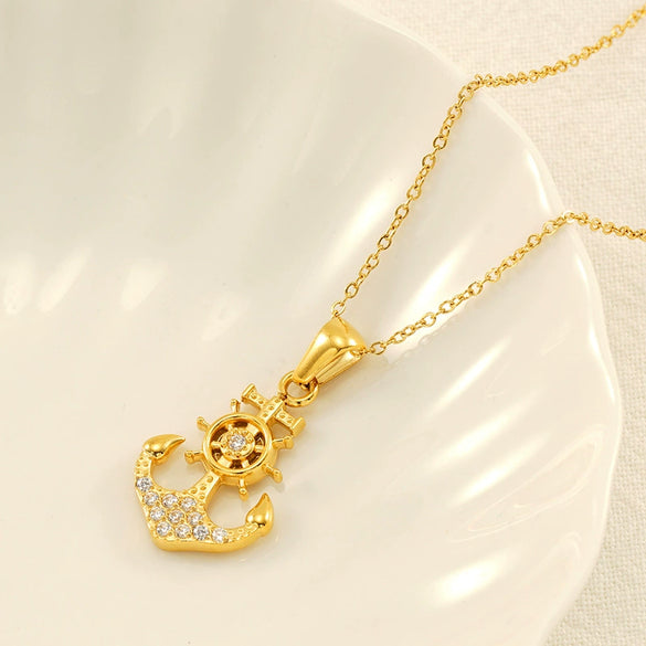 Necklace Stainless Steel Geometric Pirate Ship Anchor Pendant Electroplated Microinlaid Zircon Fashion