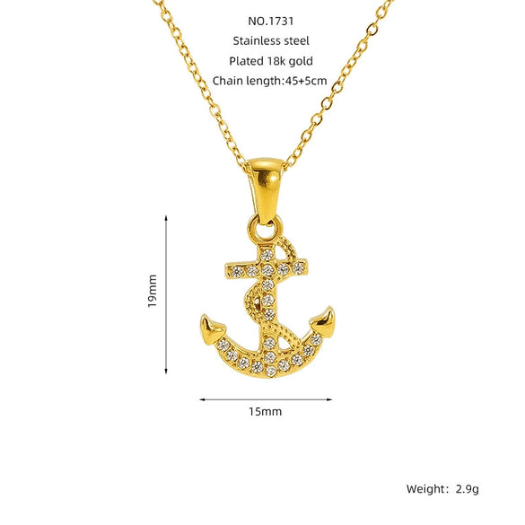 Necklace Stainless Steel Geometric Pirate Ship Anchor Pendant Electroplated Microinlaid Zircon Fashion