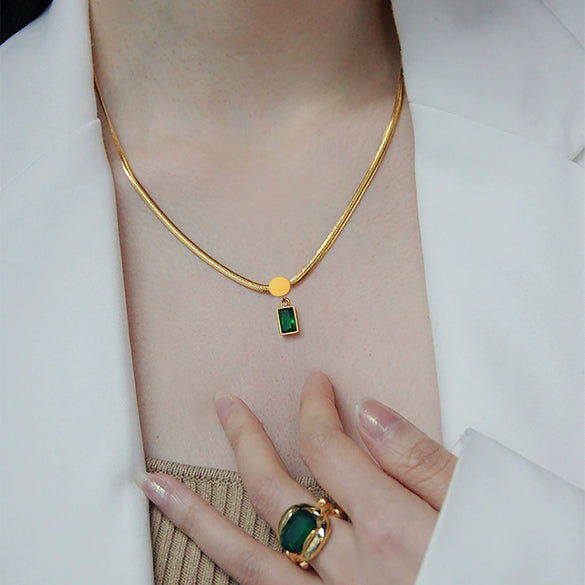Necklace Stainless Steel Geometric Square Zircon Pendant Snake Chain Electroplating Women's