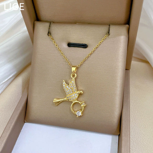 Necklace Stainless Steel Geometric Swallow Inclined Ring Light Luxury Elegant Gorgeous Copper Pendant
