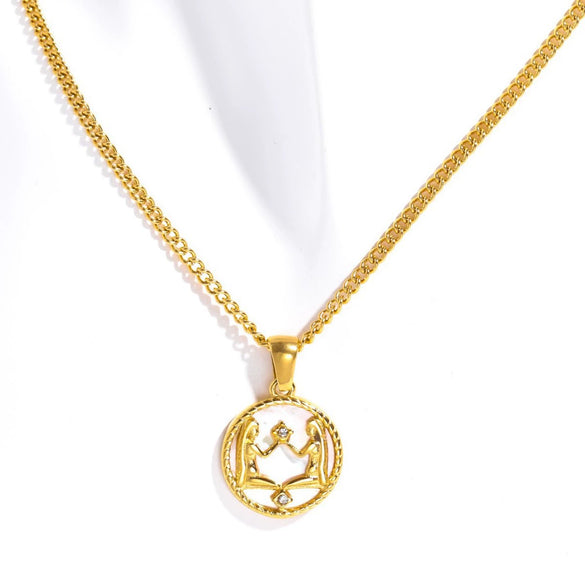 Necklace Stainless Steel Geometric Twelve Constellations Coin O Shaped Chain Vacuum Plated 18K Gold Color Preservation Old Money Style Unisex