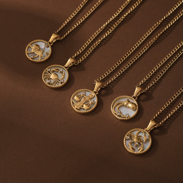 Necklace Stainless Steel Geometric Twelve Constellations Coin O Shaped Chain Vacuum Plated 18K Gold Color Preservation Old Money Style Unisex