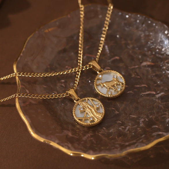 Necklace Stainless Steel Geometric Twelve Constellations Coin O Shaped Chain Vacuum Plated 18K Gold Color Preservation Old Money Style Unisex