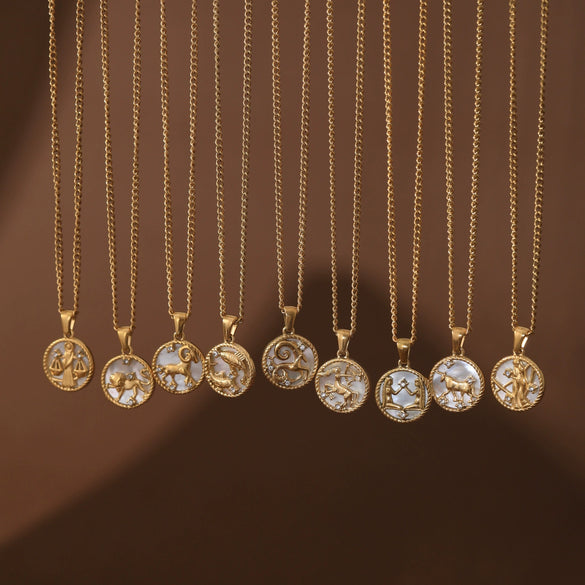 Necklace Stainless Steel Geometric Twelve Constellations Coin O Shaped Chain Vacuum Plated 18K Gold Color Preservation Old Money Style Unisex