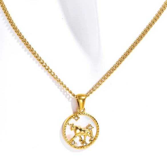 Necklace Stainless Steel Geometric Twelve Constellations Coin O Shaped Chain Vacuum Plated 18K Gold Color Preservation Old Money Style Unisex