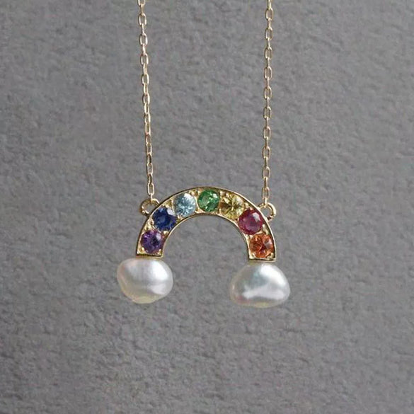 Necklace Stainless Steel Geometric U Shaped Rainbow Natural Baroque Pearl Multi Pendant Electroplating