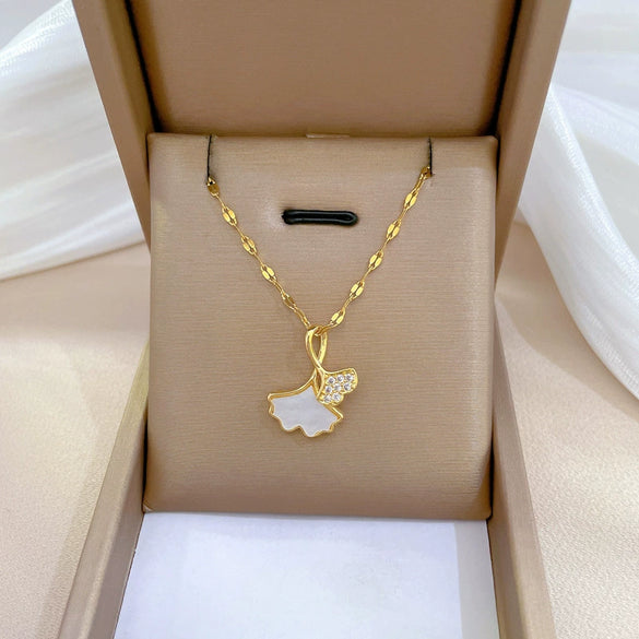 Necklace Stainless Steel Ginkgo Leaf Geometric Style