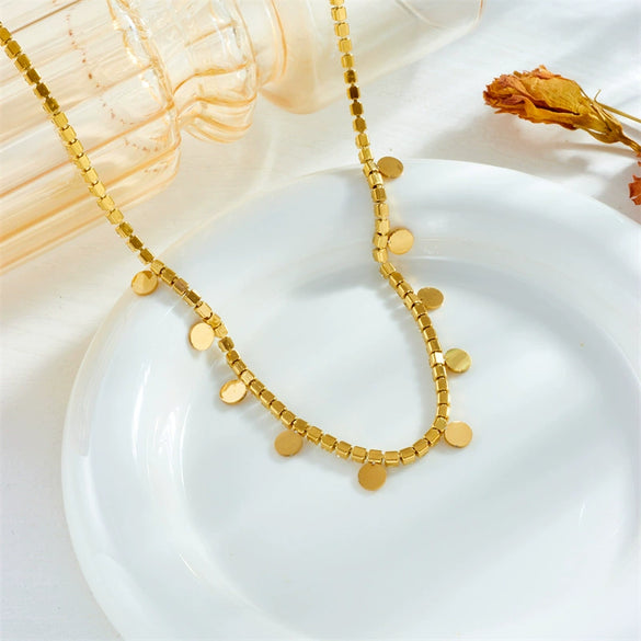 Necklace Stainless Steel Glossy Disc Pendant Diamond Rhinestone Fashionable Light Luxury Highend Nonfading