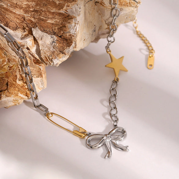 Necklace Stainless Steel Gold And Silver Color Matching Bow Pattern Electroplating For Women