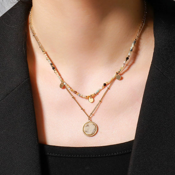 Necklace Stainless Steel Gold Plated Handmade Geometric Round Pendant Clavicle Chain For Women