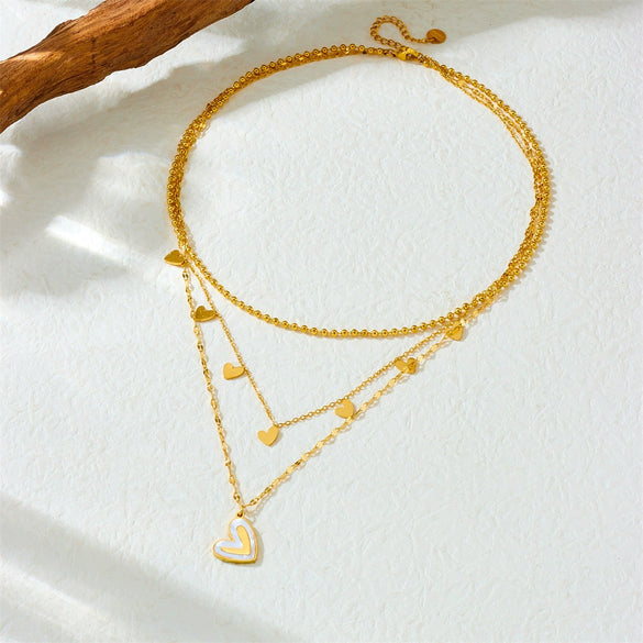 Necklace Stainless Steel Goldplated Multilayer Stacked White Shell Heart Shape Pendant